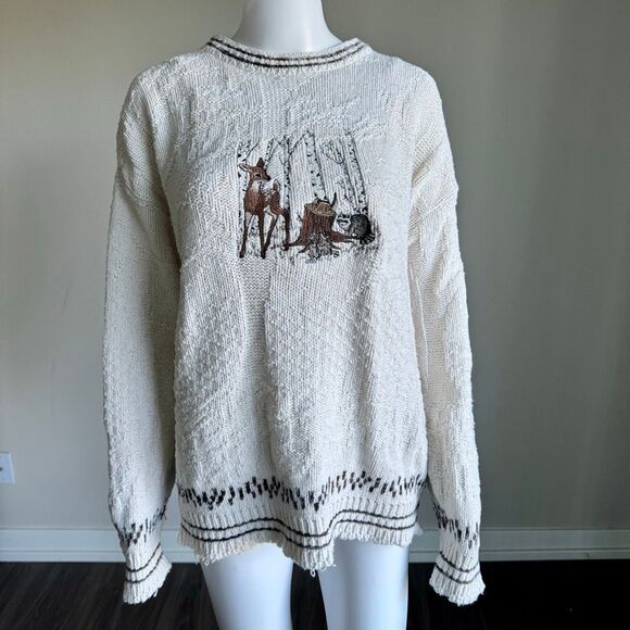 Vintage 90’s Cabin Core Crewneck Embroidered Critters Cotton Sweater - Picture 2 of 8